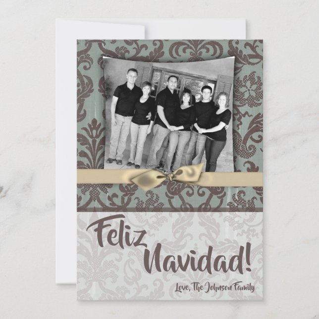 5x7 Christmas XMAS Blue Damask Fabric PHOTO Card (Front)