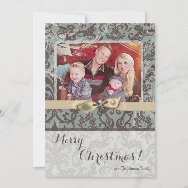 5x7 Christmas XMAS Blue Damask Fabric PHOTO Card (Front)