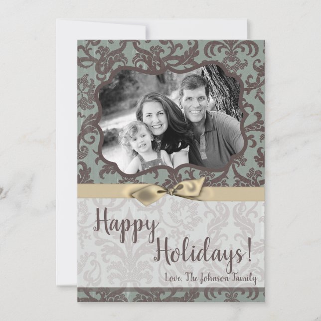 5x7 Christmas XMAS Blue Damask Fabric PHOTO Card (Front)