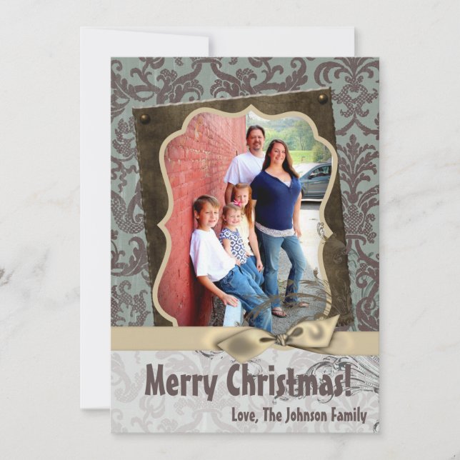 5x7 Christmas XMAS Blue Damask Fabric PHOTO Card (Front)