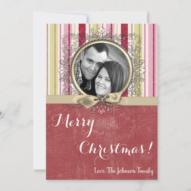 5x7 Christmas XMAS Green Striped Fabric PHOTO Card (Front)