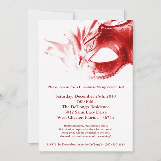 5x7 Christmas XMAS Masquerade Ball Mask Invitation (Front)
