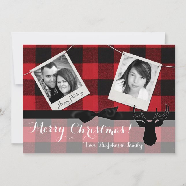 5x7 Christmas XMAS Red Black Plaid Deer PHOTO Card (Front)