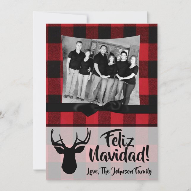 5x7 Christmas XMAS Red Black Plaid Deer PHOTO Card (Front)