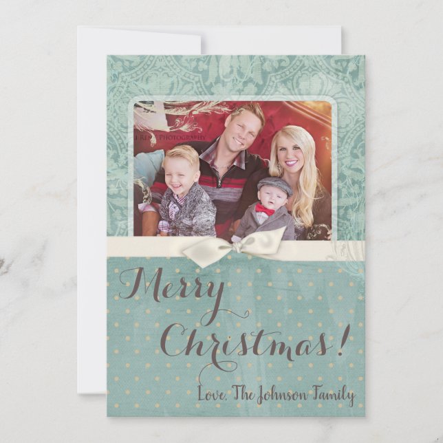 5x7 Christmas XMAS Winter Blue Damask PHOTO Card (Front)