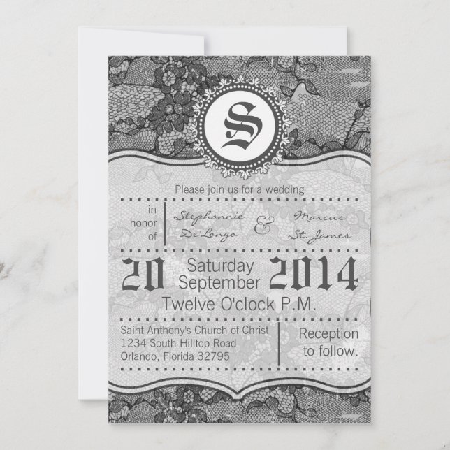 5x7 Country Black Lace Print Wedding Invitation (Front)