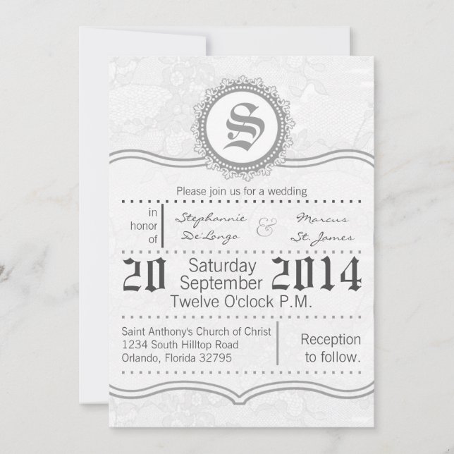5x7 Country White Lace Print Wedding Invitation (Front)