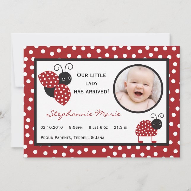 5x7 Crimson Red Lady Bug Photo Birth Announcement (Front)