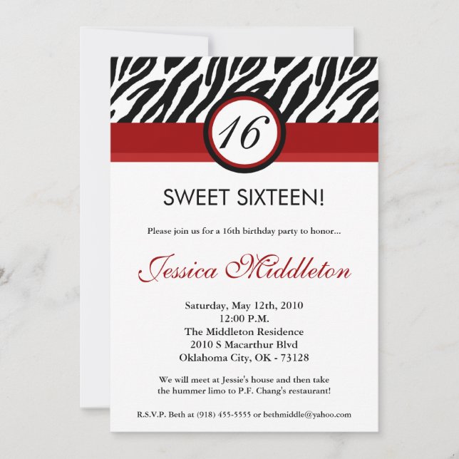 5x7 Crimson Red Zebra16th Birthday Invitation (Front)