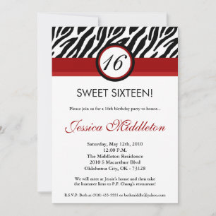 5x7 Crimson Red Zebra16th Birthday Invitation