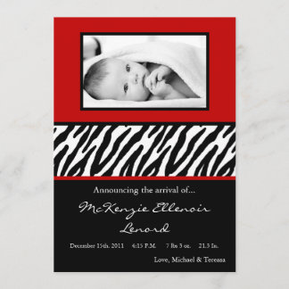 5x7 Crimson Red Zebra PHOTO Birth Announcement