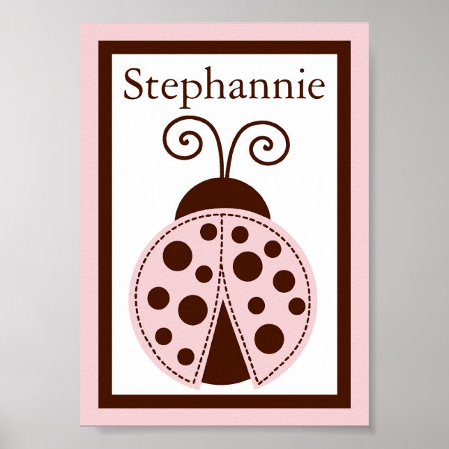 5x7 Custom Pink Mod Lady Bug Baby Bedding Name Art Poster (Front)