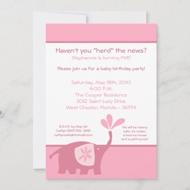 5x7 Cute Pink Elephant Birthday Party Invitation (Front)