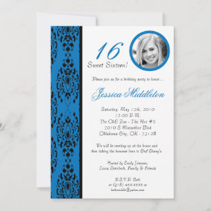 5x7 Dark Blue Damask 16 Birthday Party Invitation