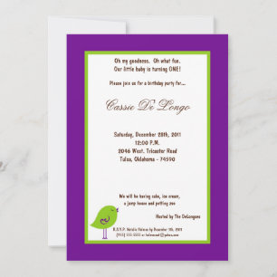 5x7 Dark Purple Bird Birthday Party Invite