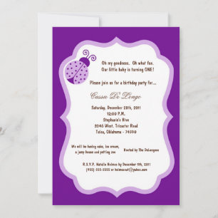5x7 Dark Purple Lady Bug Birthday Party Invite