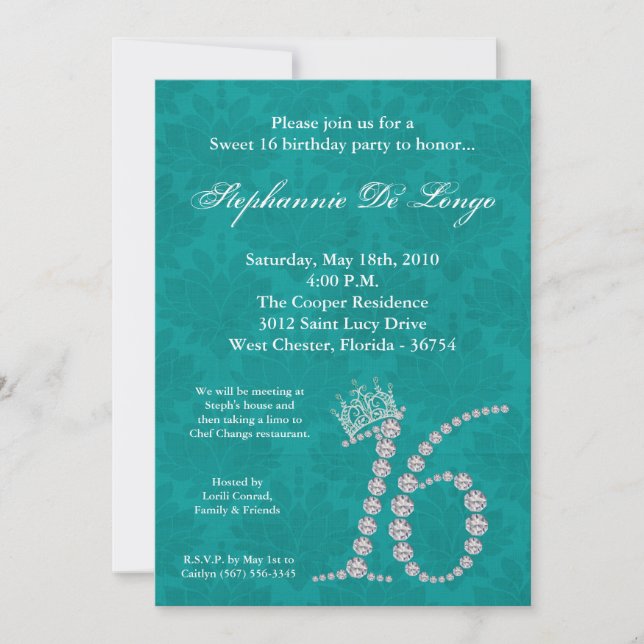 5x7 Diamond Topaz Sweet 16 Birthday Invitation (Front)