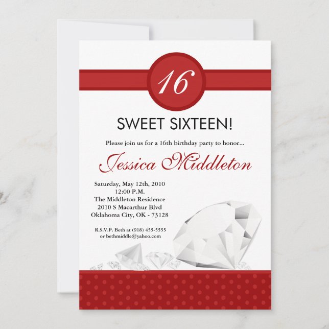 5x7 Diamonds Jewels Sweet 16 Birthday Invitation (Front)
