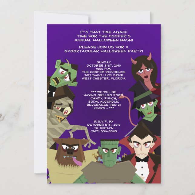 5x7 DraculaMonster Halloween Bash Party Invitation (Front)