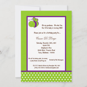 5x7 Elec. Green Bumble Bee Birthday Party Invite
