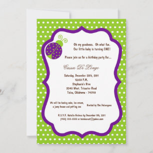 5x7 Electric Green Lady Bug Birthday Party Invite