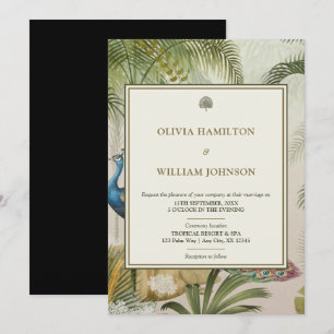 5x7 Elegant Black Tropical Peacock Palm Wedding Invitation