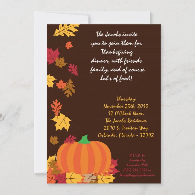 5x7 Fall Leaves Pumpkin Thanksgiving Invitation (Front)