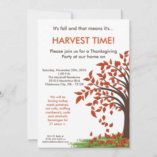 5x7 Fall Leaves Tree Harve Thanksgiving Invitation (Front)