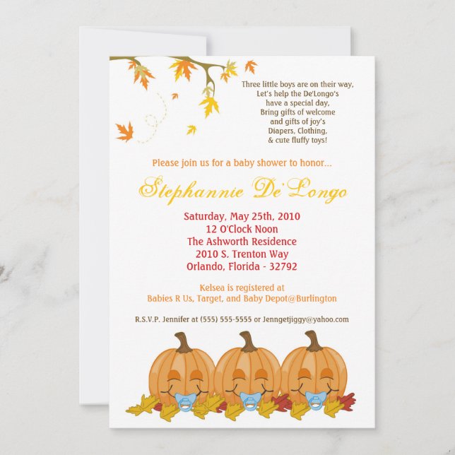 5x7 Fall Leaves TRIPLET Boy Baby Shower Invitation (Front)