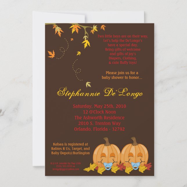 5x7 Fall Leaves TWIN Boy Baby Shower Invitation (Front)