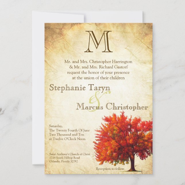 5x7 Fall Tree Aged Paper Anti Wedding Invitation (Front)