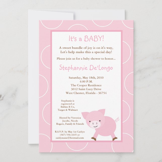 5x7 Farm Animal Pink Pig Baby Shower Invitation (Front)