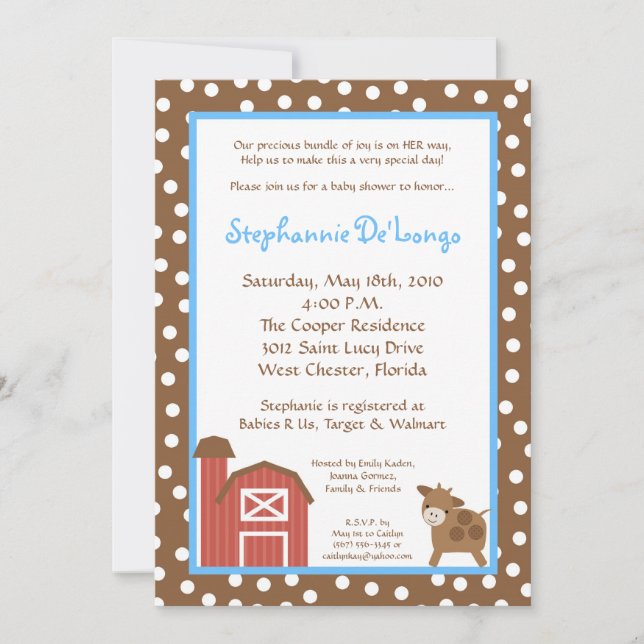 5x7 Farm Red Barn Cow Baby Shower Invitation (Front)