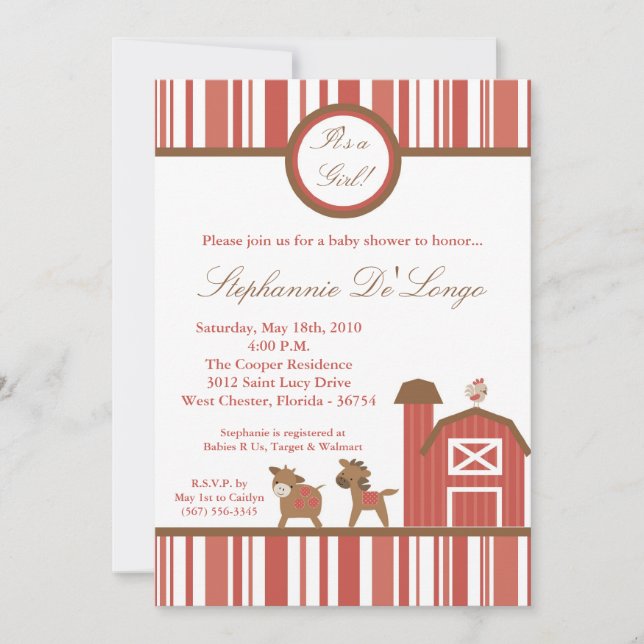 5x7 Farm Red Barn Cow Horse Baby Shower Invitation (Front)