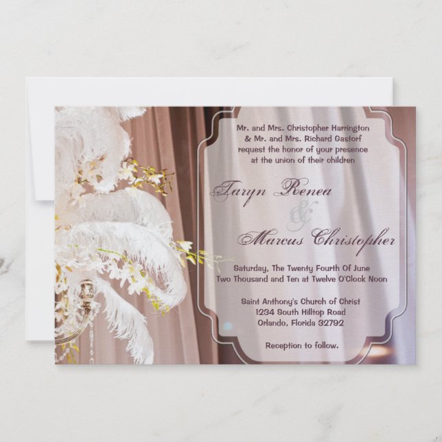 5x7 Feather Centre Piece Glam Wedding Invitation (Front)