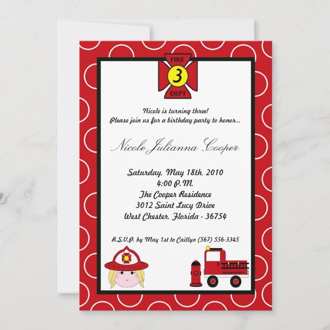5x7 Firewoman Firetruck Birthday Party Invitation (Front)