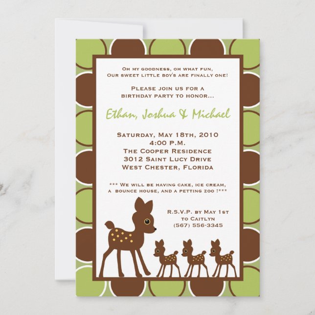 5x7 Forrest TRIPLET Baby Birthday Part Invitation (Front)