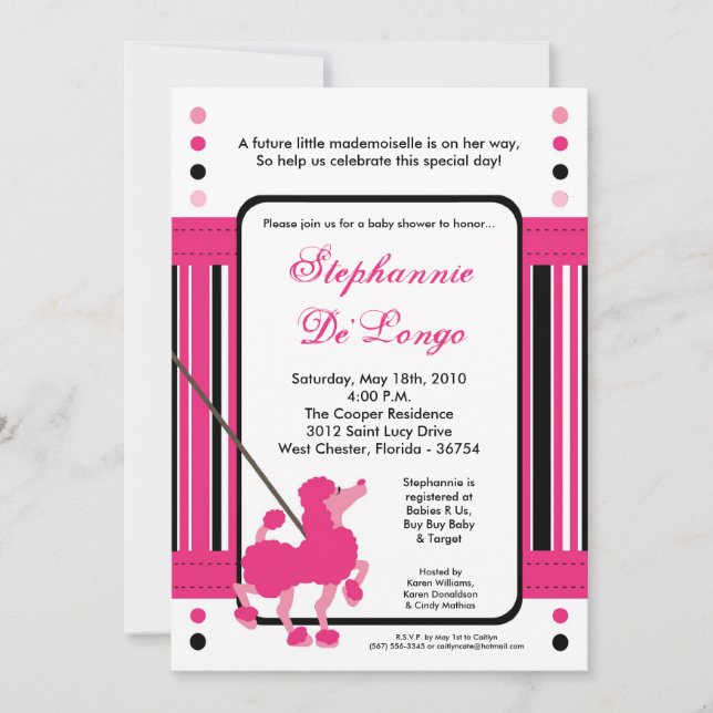 5x7 French Pink Poodle Baby Shower Invitation (Front)