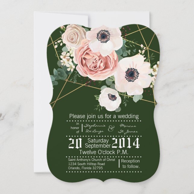 5x7 Geometric Garden Rose Green Wedding Invitation (Front)