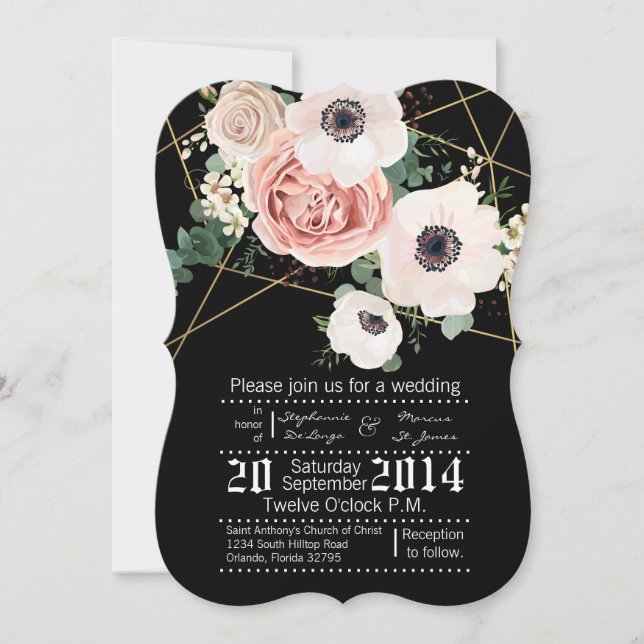 5x7 Geometric Garden Rose Wedding Invitation Black (Front)