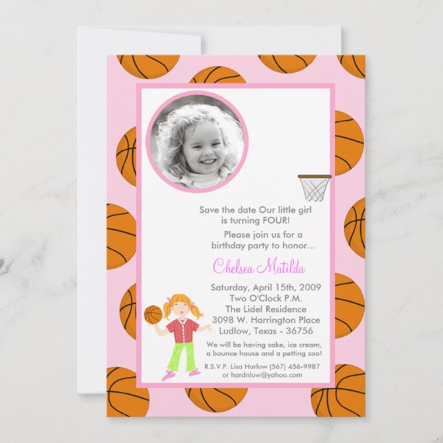 5x7 Girl Basket Ball Birthday Shower Invitation (Front)