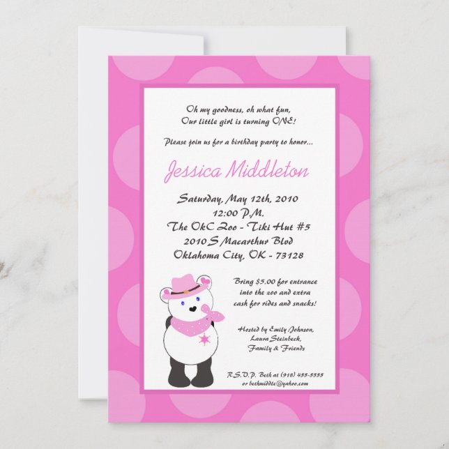 5x7 Girl Panda Cowgirl Birthday Party Invitation (Front)
