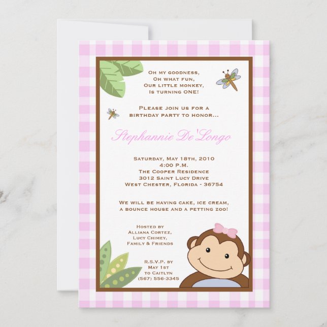 5x7 Girl Pin Papgayo Monkey Birthday Invitation (Front)