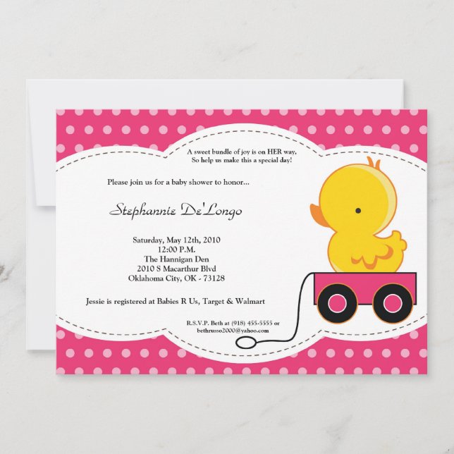 5x7 Girl Pink Polkadot Duck Baby Shower Invitation (Front)