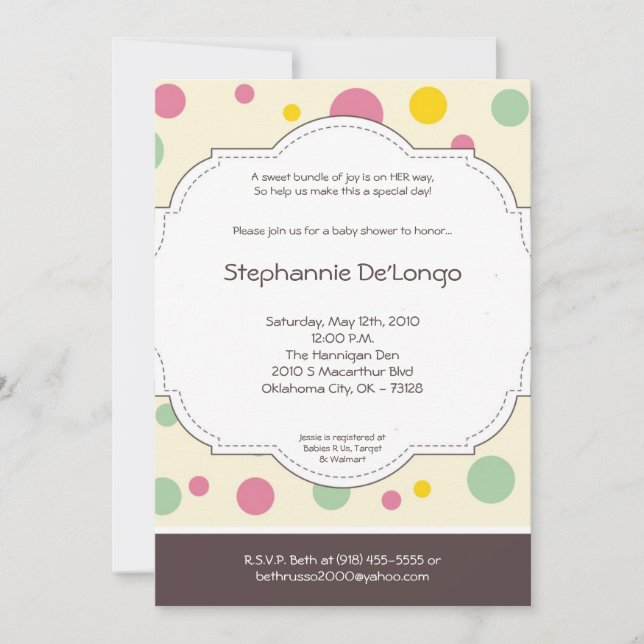 5x7 Girl Pink Polkadot Poke Baby Shower Invitation (Front)