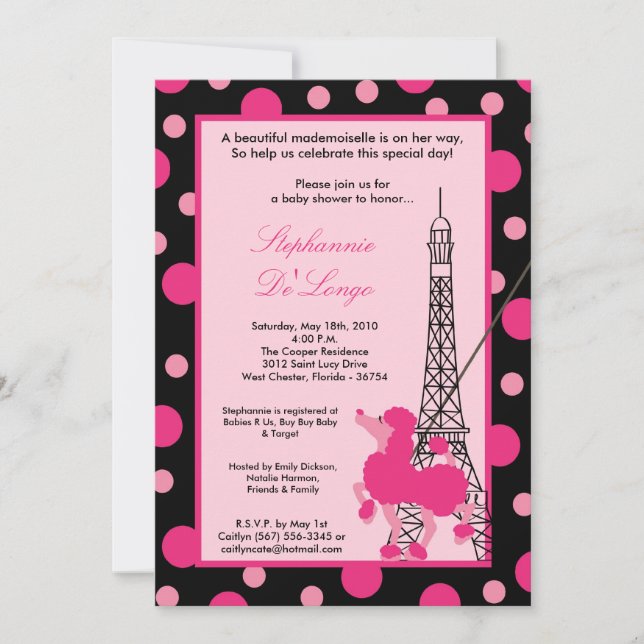 5x7 Girl Pink Poodle Paris Baby Shower Invitation (Front)