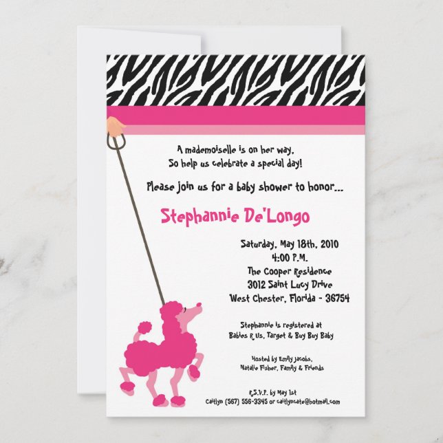 5x7 Girl Pink Poodle Paris Baby Shower Invitation (Front)