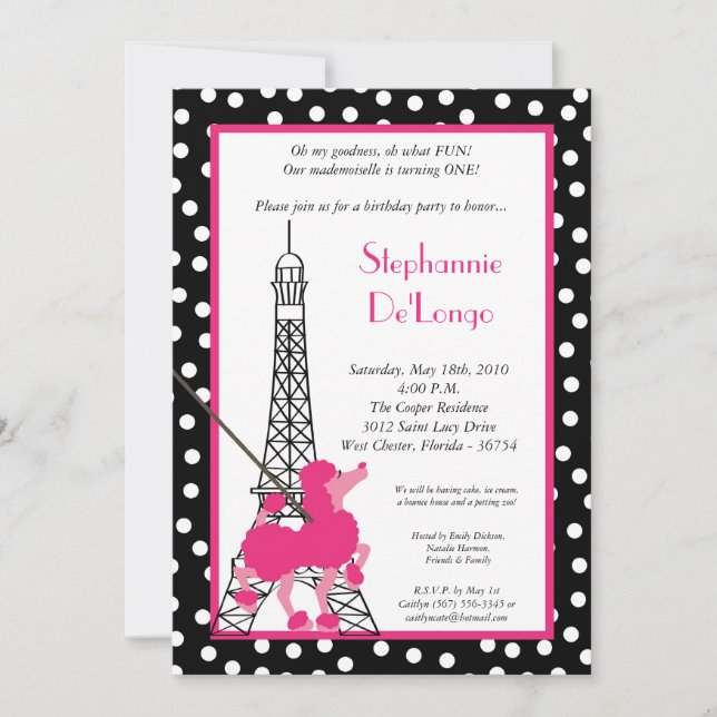 5x7 Girl Pink Poodle Paris Birthday Par Invitation (Front)