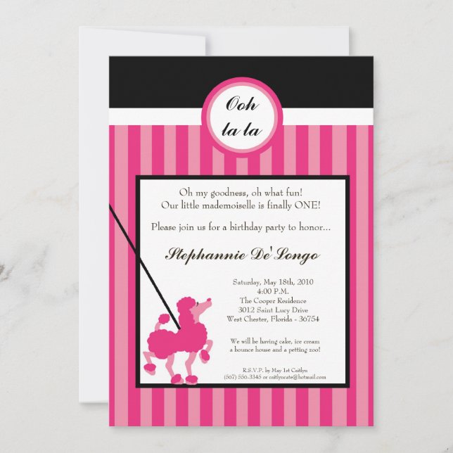 5x7 Girl Pink Poodle Paris Birthday Par Invitation (Front)