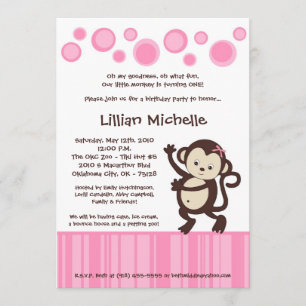 5x7 Girl Pink Pop Monkey Dance Birthday Invitation